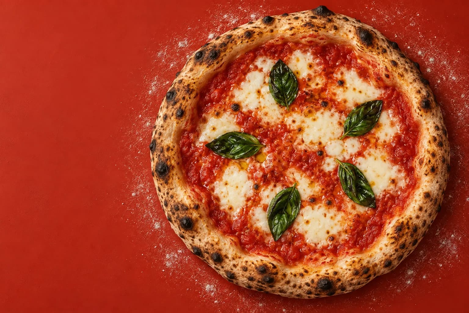 Concept margherita pizza with fresh basil and a golden crust.